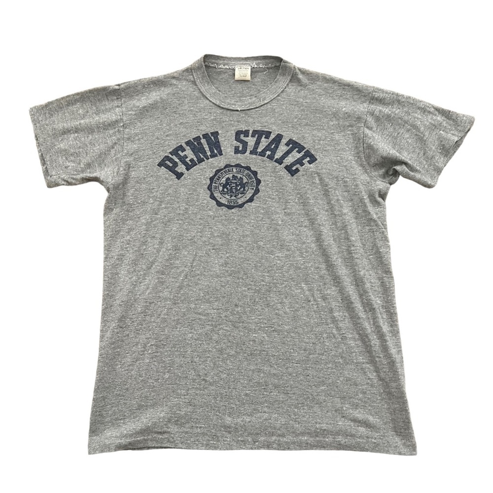 Vintage 1980s Penn State Single Stitch Actionwear Heather Gray + Navy Blue Tee